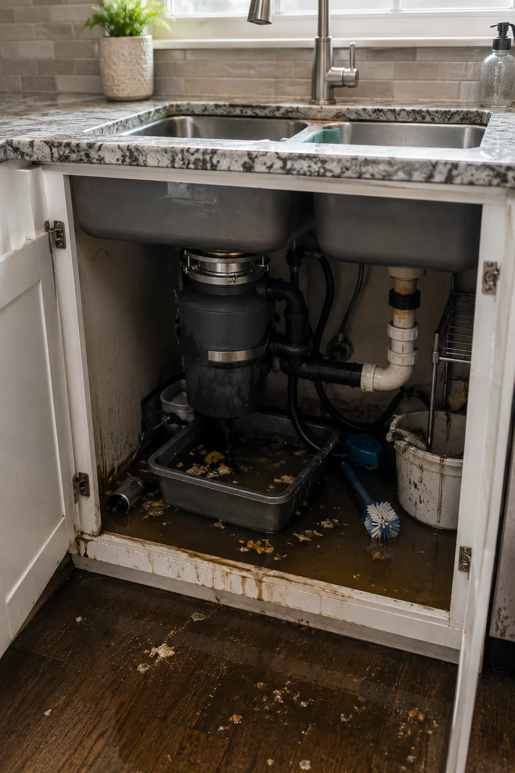 Garbage disposal and sink drain area during troubleshooting