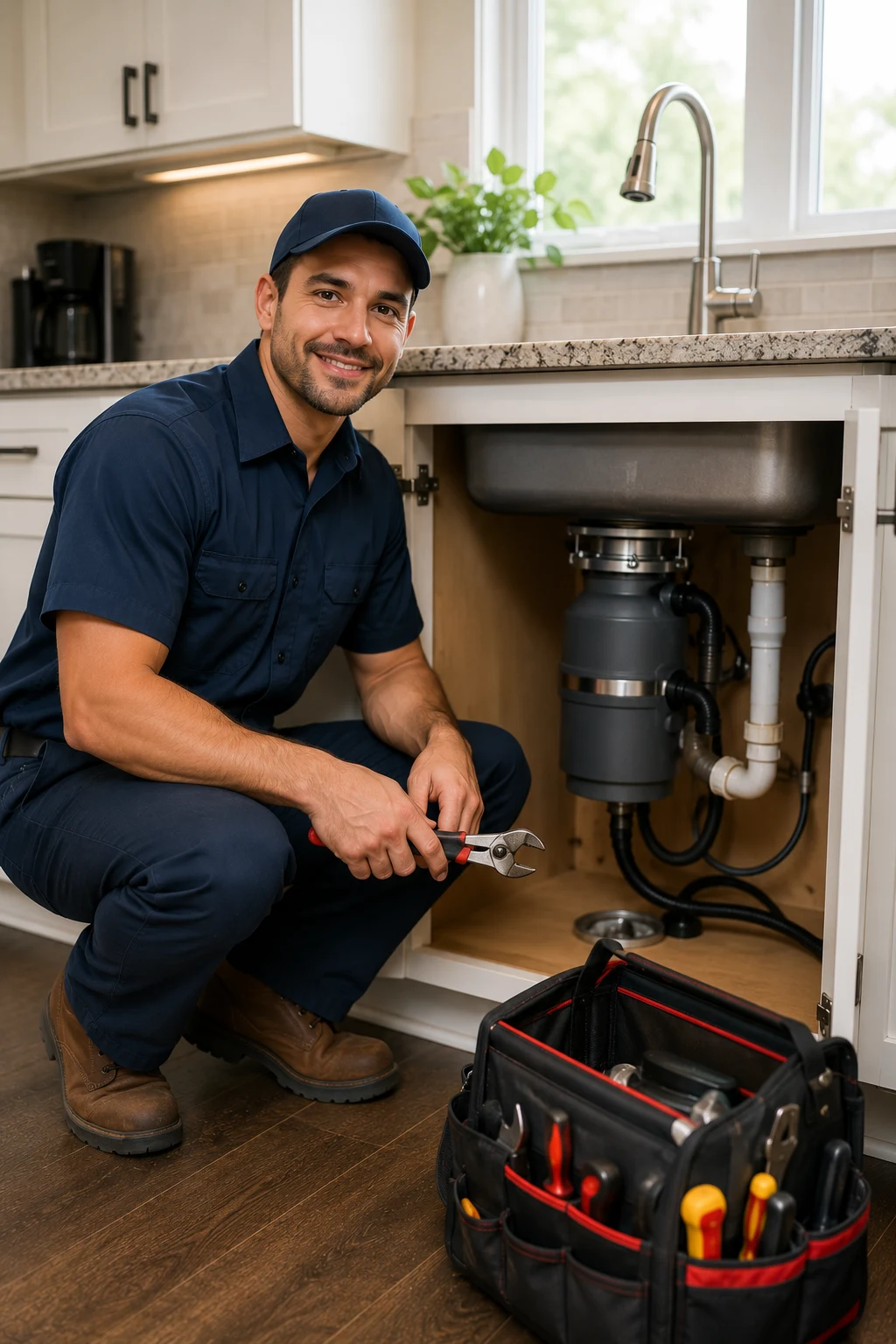 Garbage disposal diagnostic service under a kitchen sink