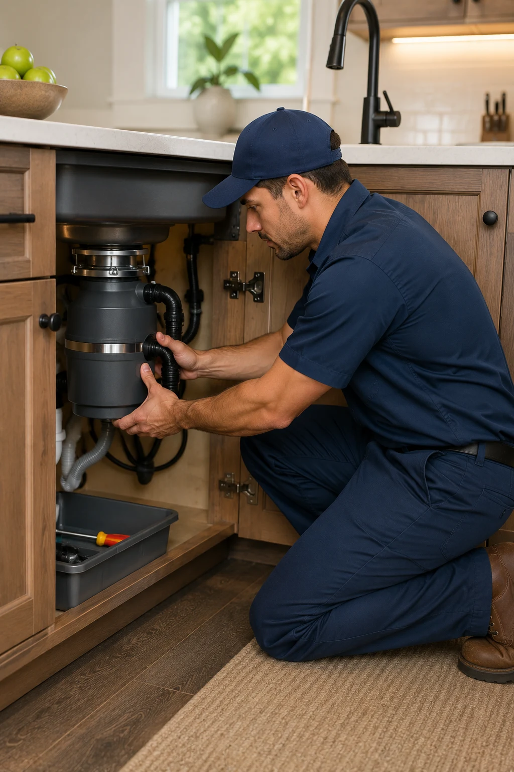 Garbage disposal repair equipment under a kitchen sink