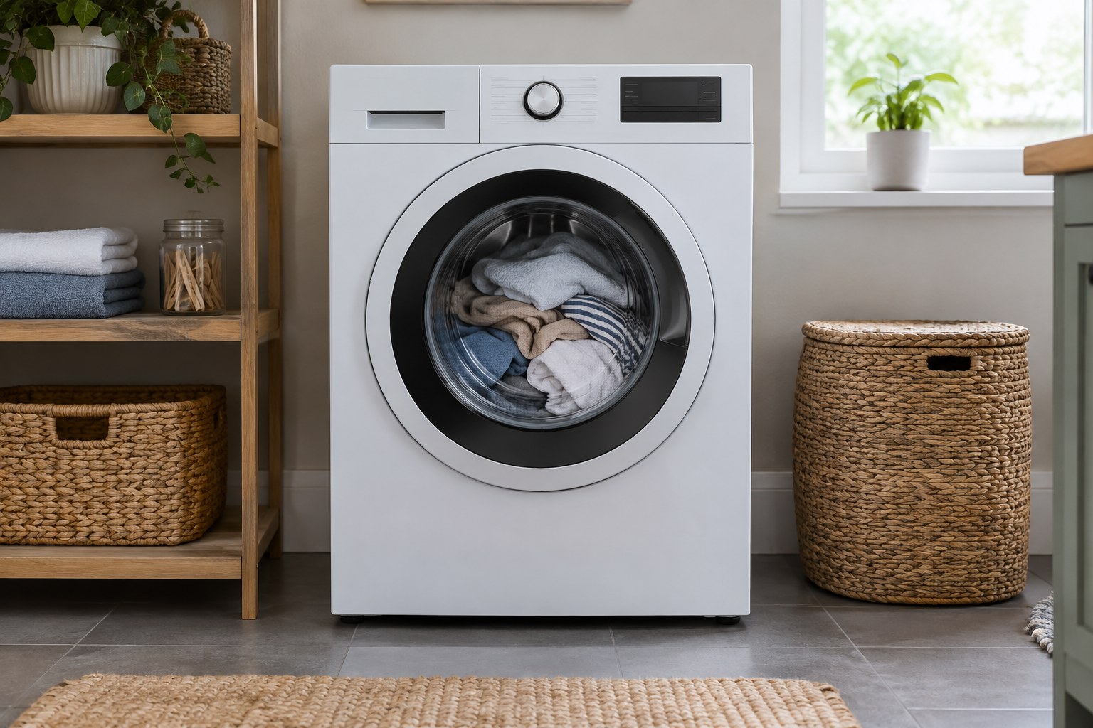 Front load washing machine with a balanced laundry load during spin troubleshooting